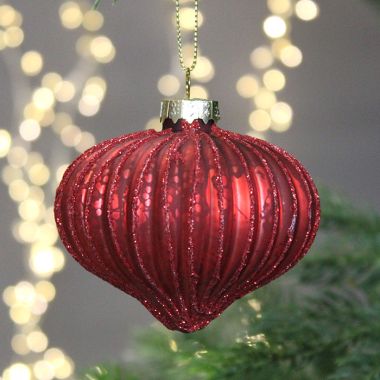 Festive Ridged Onion Shaped Glass Glitter Bauble, 8cm – Red