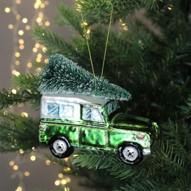 Green Glass Land Rover with Christmas Tree Bauble - 12cm