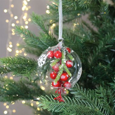 Glass Open Bottom Berry Sprig Bauble - 8cm