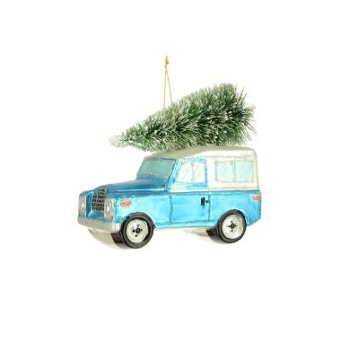 Blue Glass Land Rover with Christmas Tree Bauble - 12cm