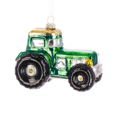 Green Glass Tractor Bauble - 8cm