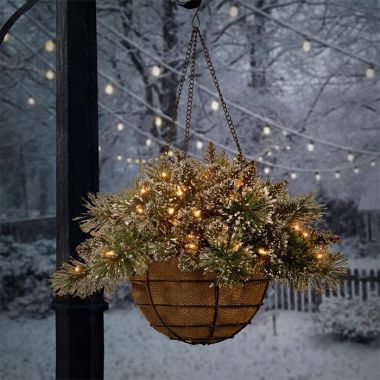 National Tree Pre-Lit Glittery Bristle Christmas Hanging Basket - 50cm