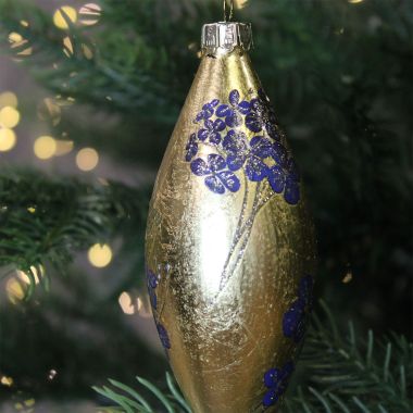 Gold Glass with Blue Flowers Tear Drop Bauble - 13cm
