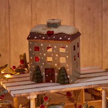 Grey Ceramic Christmas House Tealight Holder