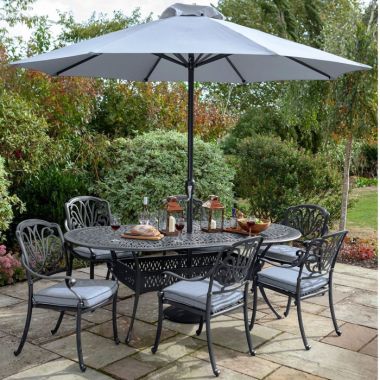 Hartman Amalfi 6 Seater Oval Garden Furniture Set with Parasol - Antique Grey