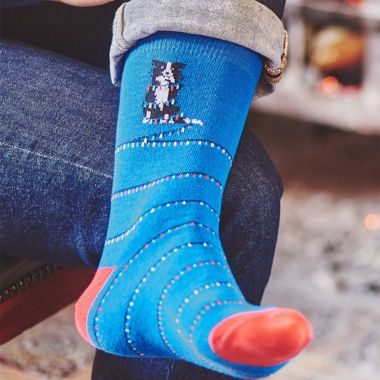 HJ Hall Men’s Novelty Socks, Dog with Christmas Lights - Royal Blue