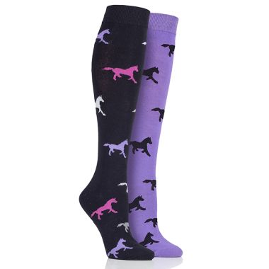Storm Bloc Women’s Long Horse Print Socks, Pack of 2 – Navy/Lilac