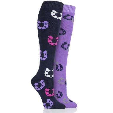 Storm Bloc Women’s Long Horseshoe Print Socks, Pack of 2 – Navy/Lilac