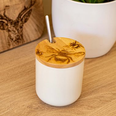 Oak & Ceramic Jar & Spoon Set - Bee