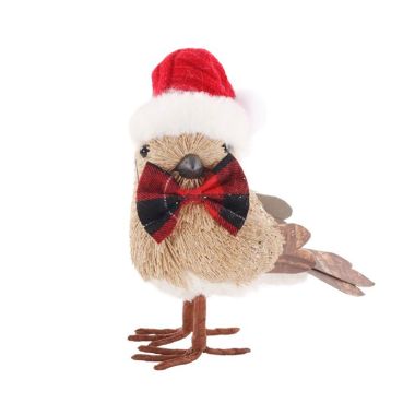 "Reggie" Woven Bird with Santa Hat and Tartan Bow