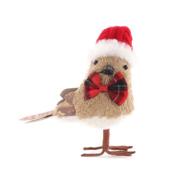"Rowan" Woven Bird with Santa Hat and Tartan Bow