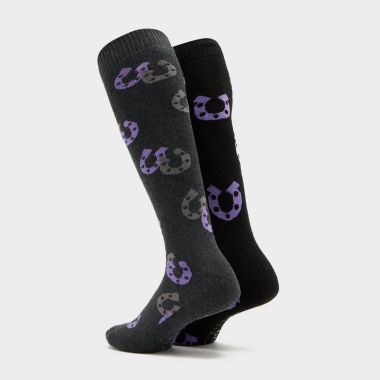 Storm Bloc Children’s Long Horseshoe Print Socks, Pack of 2 – Charcoal/Black