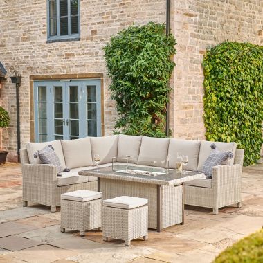 Kettler Palma 8 Seater Corner Dining Set with Fire Pit - Oyster with Stone Cushions