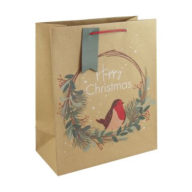 Kraft Robin & Wreath Gift Bag – Medium