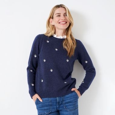 Crew Clothing Women's Embroidered Lavender Field Frilly Collar Jumper - Navy