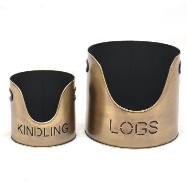 Log & Kindling Storage Bucket Set - Antique Brass
