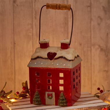 Red Ceramic Christmas House Tealight Holder - 21cm 