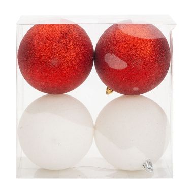 4 Red & White Baubles - 10cm 