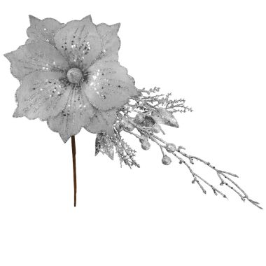  Silver Glitter Flower & Foliage Decoration - 46cm