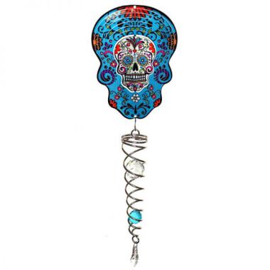 Spin Art Skull Wind Spinner with Crystal Tail - Blue