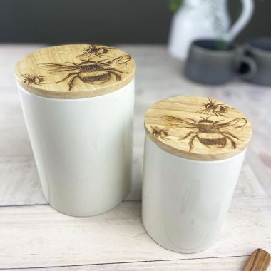 Oak & Ceramic Storage Jar, Medium - Bee
