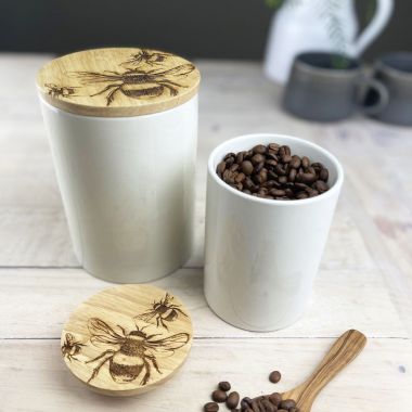 Oak & Ceramic Storage Jar, Small - Bee
