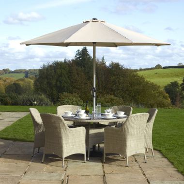 Bramblecrest Tetbury 6 Seater Garden Furniture Dining Set with Parasol & Base - Nutmeg