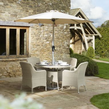 Bramblecrest Tetbury 4 Seater Dining Garden Furniture Set with Parasol & Base - Nutmeg