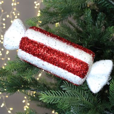 Red & White Tinsel Striped Sweet Decoration - 28cm