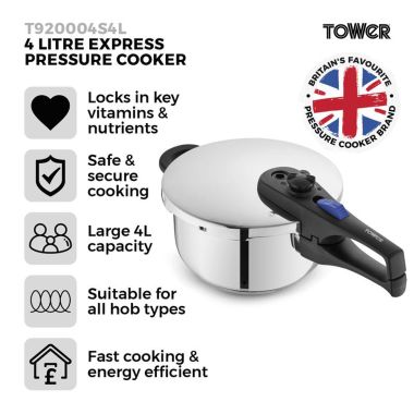 Tower T920004S4L Express Stainless Steel Pressure Cooker - 4 Litre