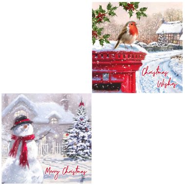 Traditional Christmas Robin/Snowman Christmas Cards - Pack of 12