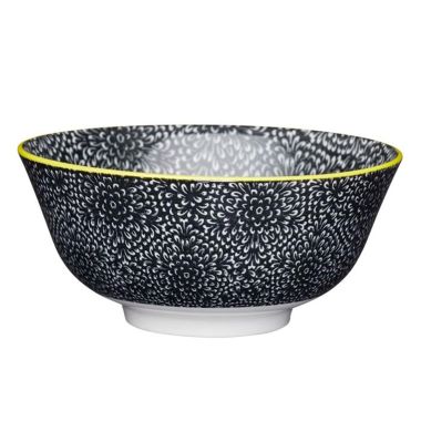 KitchenCraft Glazed Ceramic Bowl - Black and White Floral