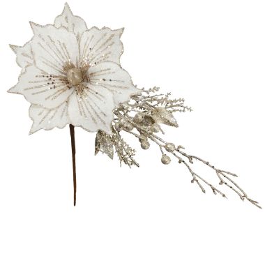 White Glitter Flower & Foliage Decoration - 46cm