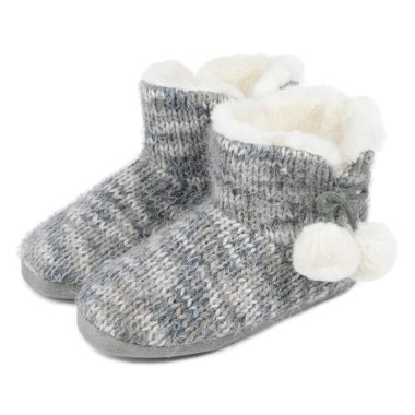  Totes Women's Knit Boot Slippers with Pom Pom - Grey