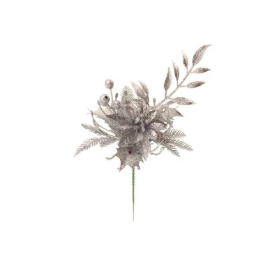 Silver Glitter Poinsettia & Berries Pick - 22cm 