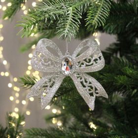 Silver Hanging Glitter Bow Decoration - 11cm
