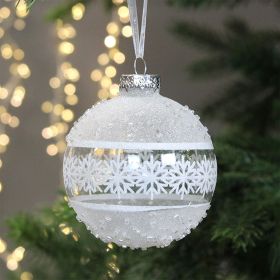 Silver Snowflake Glitter Beaded Bauble - 8cm 