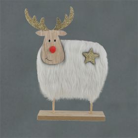 Wooden Reindeer Decoration with Fur - 23cm