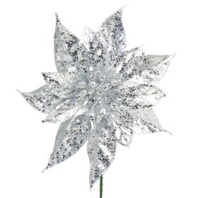 Silver Glitter Poinsettia Pick - 19cm