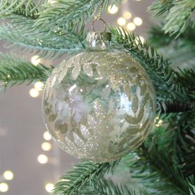 Glass Bauble with Gold Glitter Leaves - 8cm 