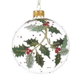 Holly with Berries White Glass Bauble - 8cm