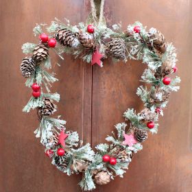 Cone and Berry Frosted Heart Christmas Wreath - 23cm