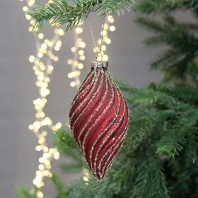 Red & Gold Glitter Glass Drop Bauble - 13cm 