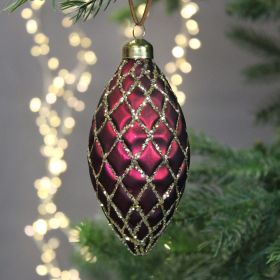 Matte Burgundy Quilted Glass Olive Shaped Bauble - 12cm 