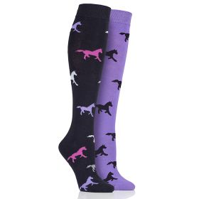 Storm Bloc Children’s Long Horse Print Socks, Pack of 2 – Navy/Lilac