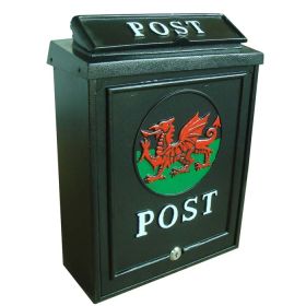 Cast Aluminium Post Box, Black - Welsh Dragon 